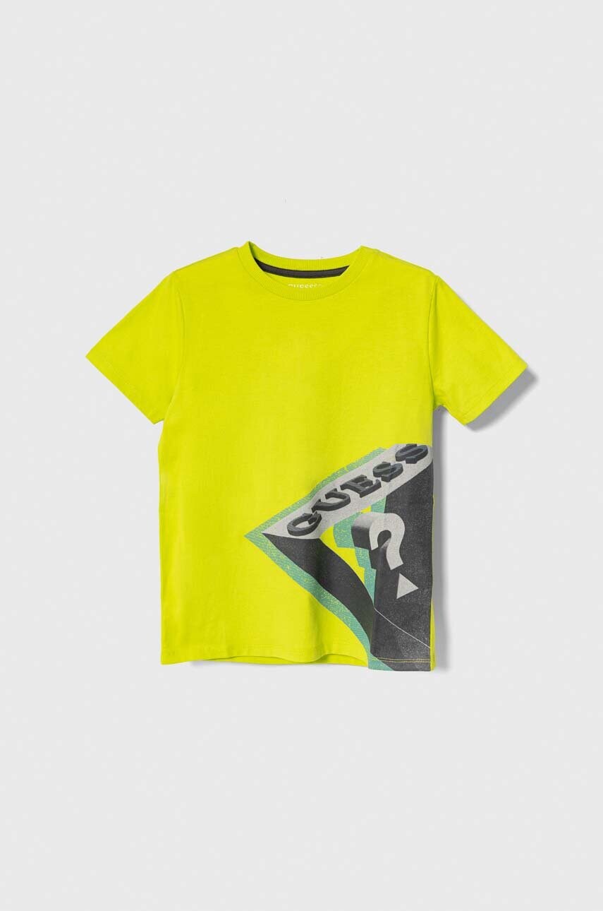 

Детская хлопковая футболка Guess цвет зелёный с принтом