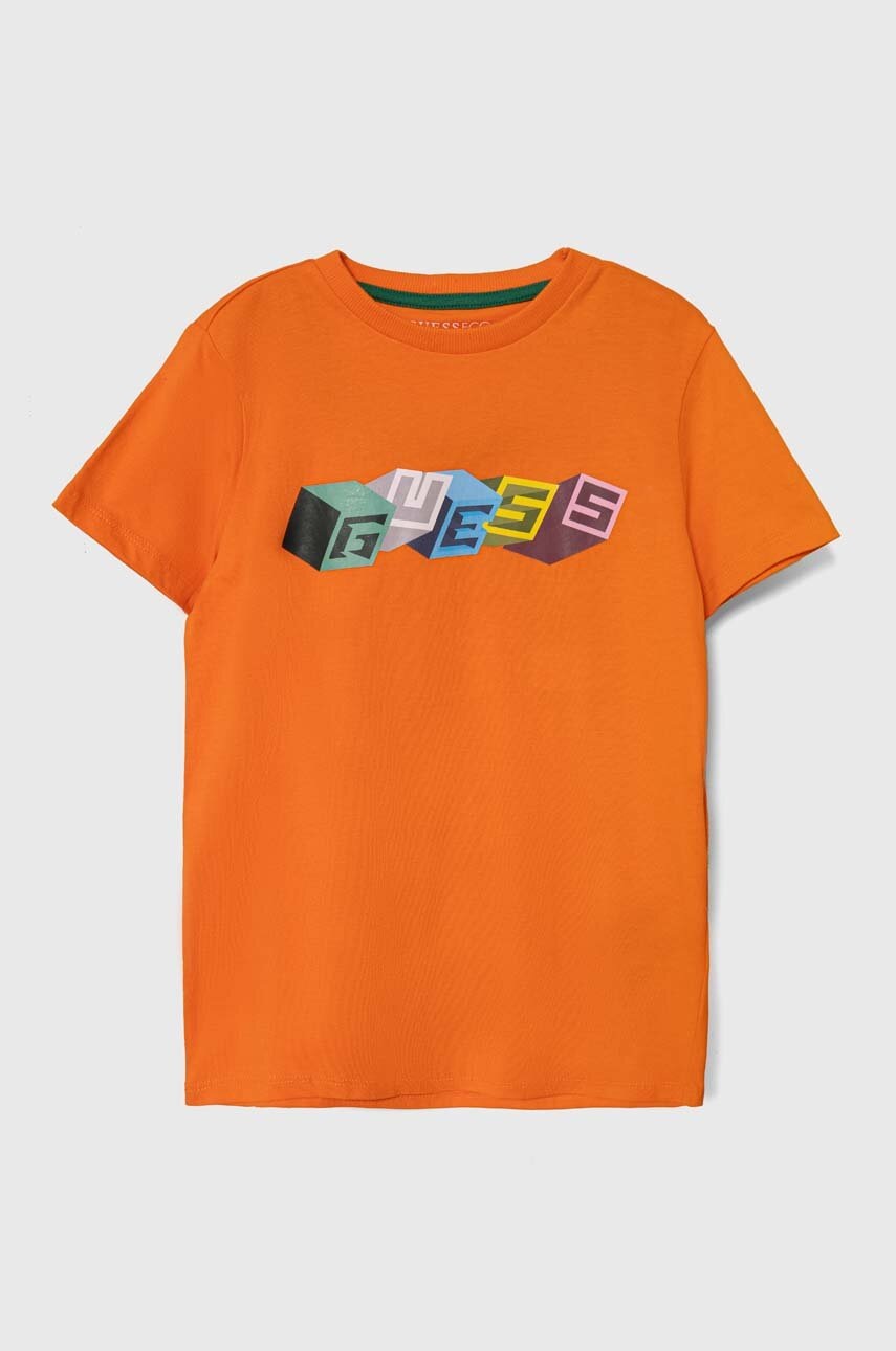 

Дитяча бавовняна футболка Guess колір помаранчевий з принтом