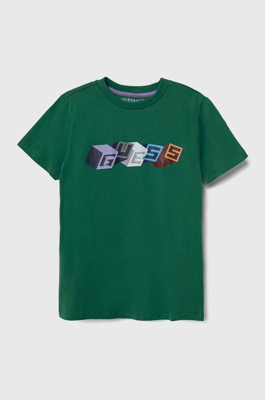 

Детска памучна тениска Guess в зелено с принт, Зелен