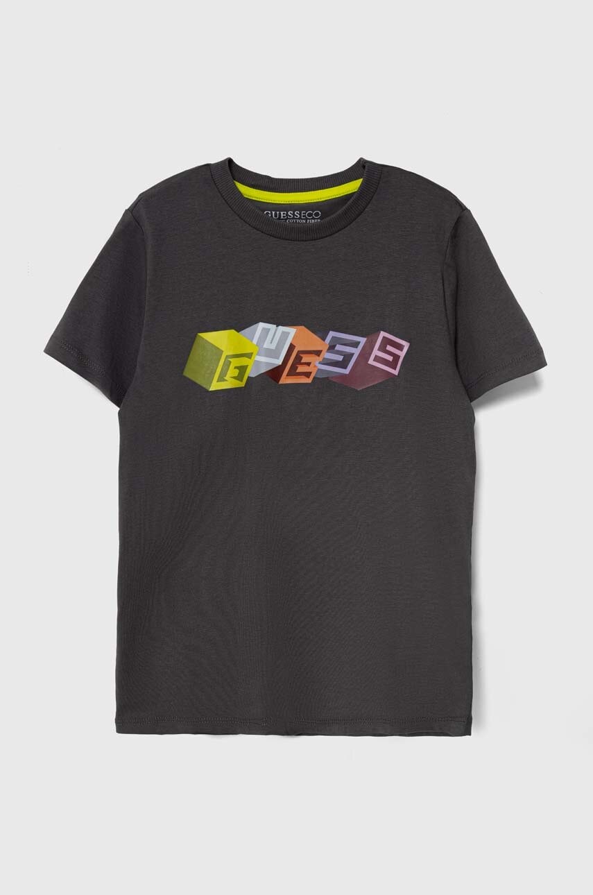 

Детская хлопковая футболка Guess цвет серый с принтом