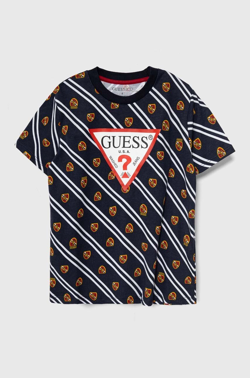 

Детская хлопковая футболка Guess цвет синий узорный