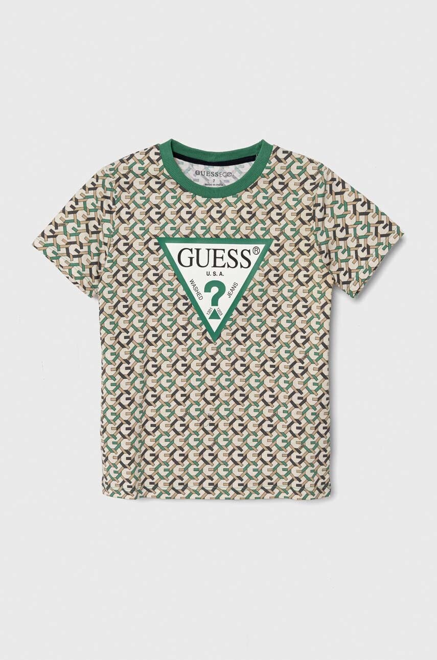 

Детска памучна тениска Guess в зелено с десен, Зелен