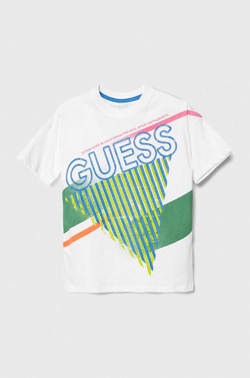 

Дитяча бавовняна футболка Guess колір білий з принтом