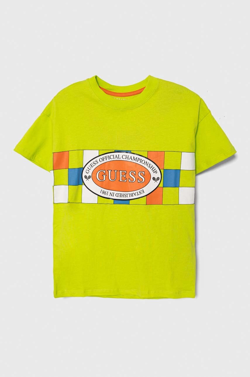 

Детская хлопковая футболка Guess цвет зелёный с принтом