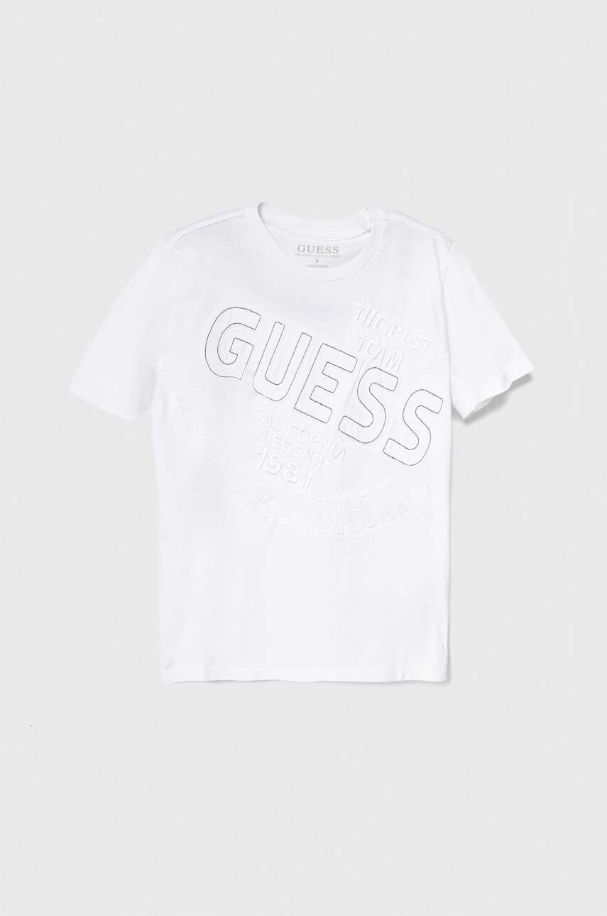

Детская хлопковая футболка Guess цвет белый с аппликацией
