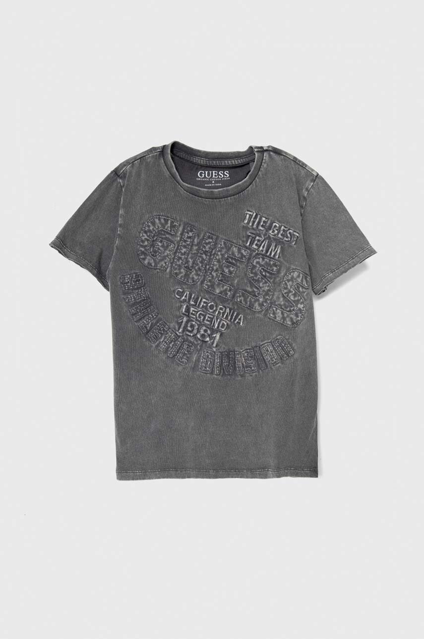 

Детская хлопковая футболка Guess цвет серый с аппликацией