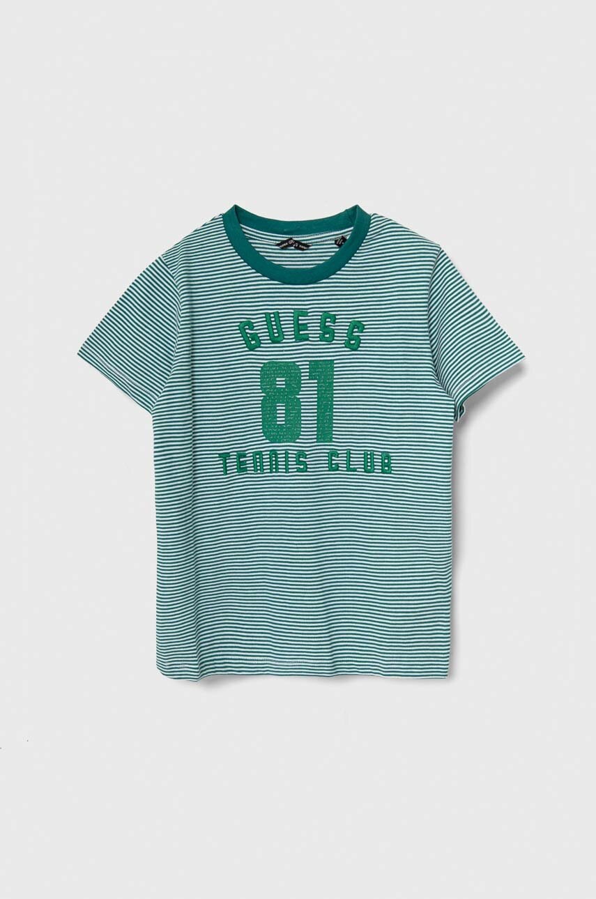 

Детская хлопковая футболка Guess цвет зелёный узорный