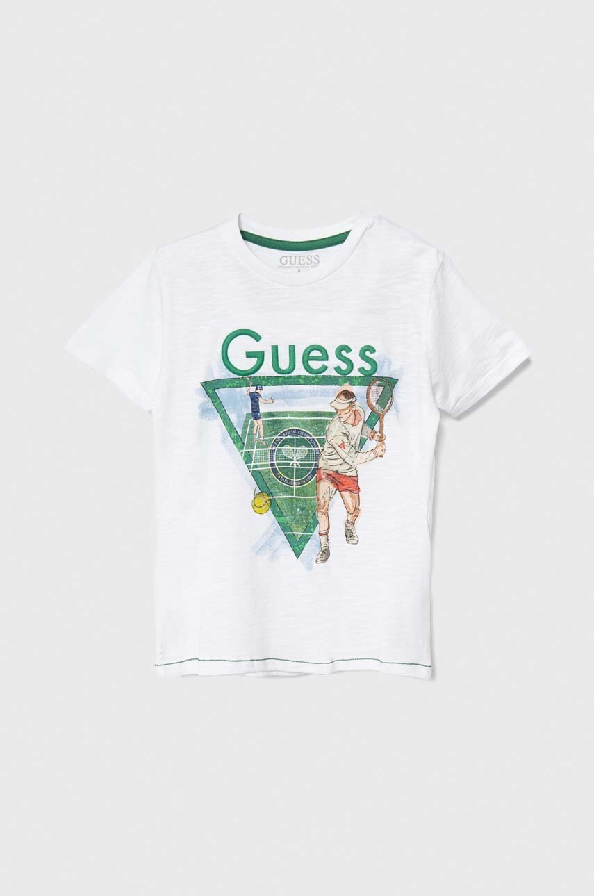 

Дитяча бавовняна футболка Guess колір білий з принтом