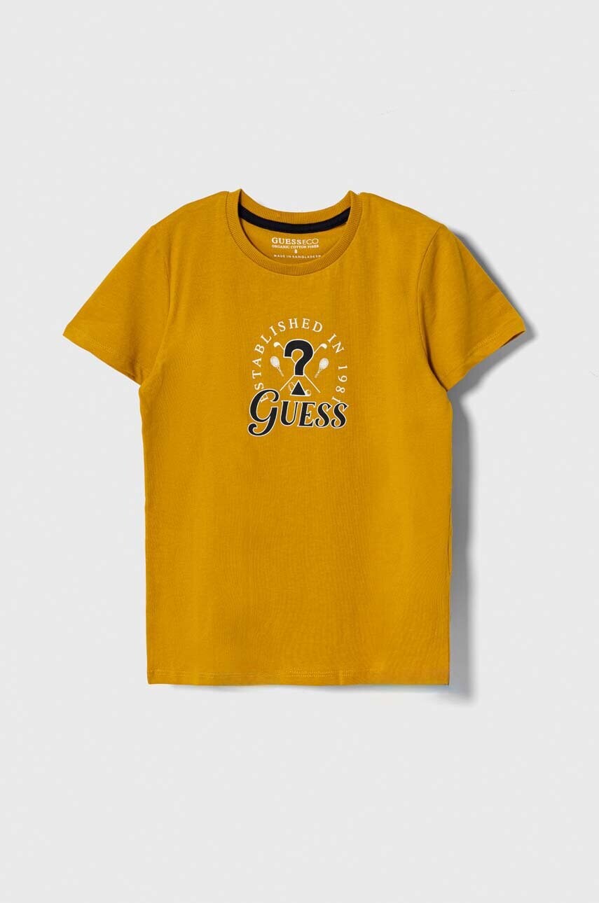 

Дитяча бавовняна футболка Guess колір жовтий з принтом