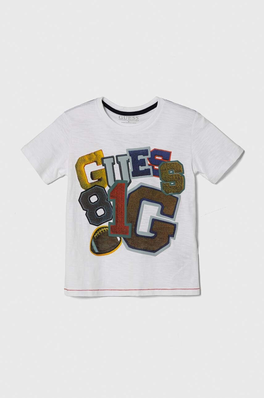 

Детска памучна тениска Guess в бяло с принт, Бял