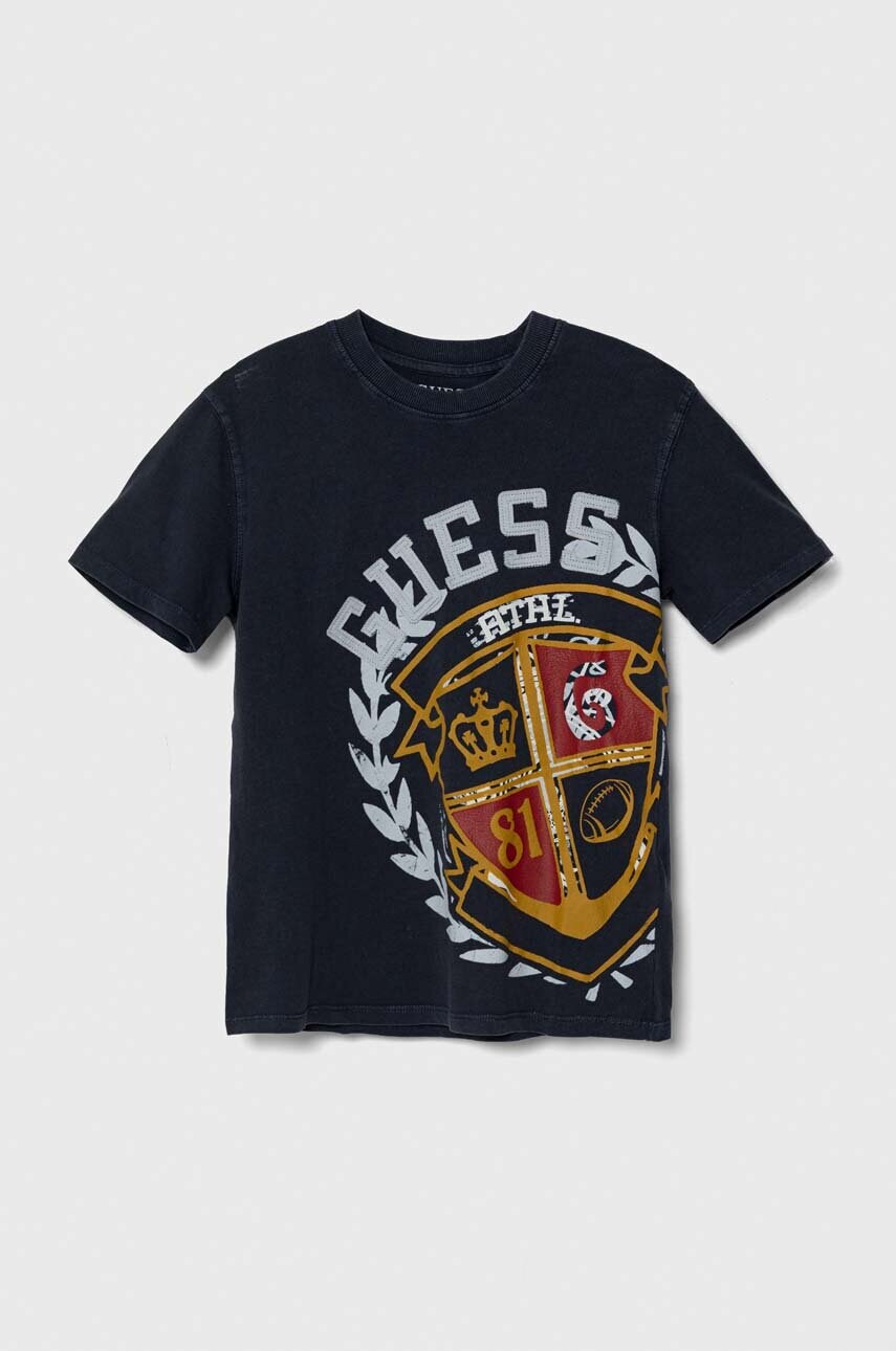 

Детская хлопковая футболка Guess цвет синий с принтом