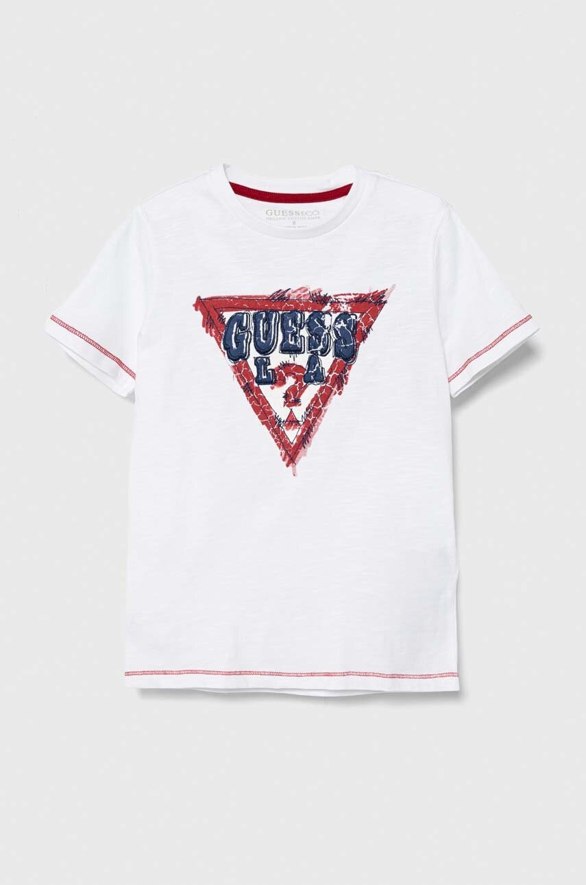 

Детска памучна тениска Guess в бяло с принт, Бял