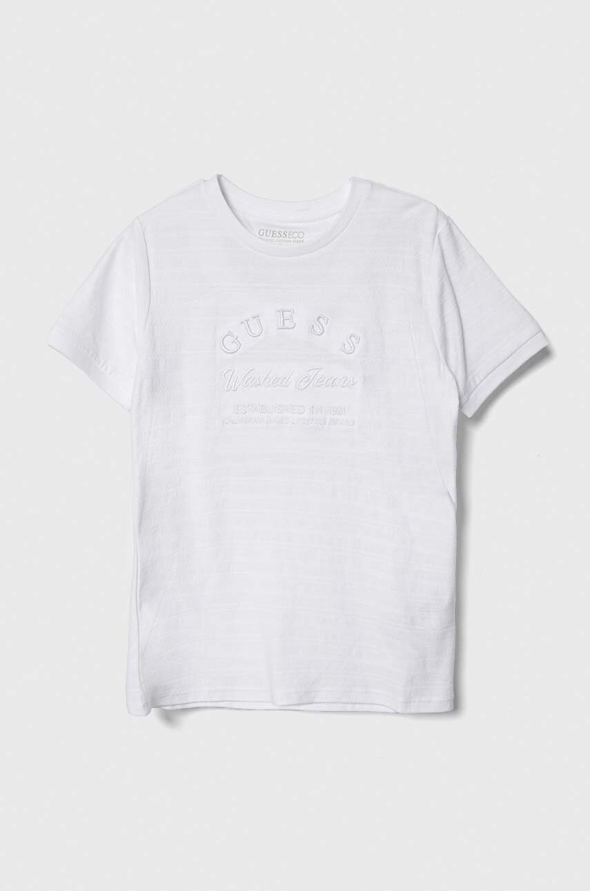 

Детска памучна тениска Guess в бяло с апликация, Бял