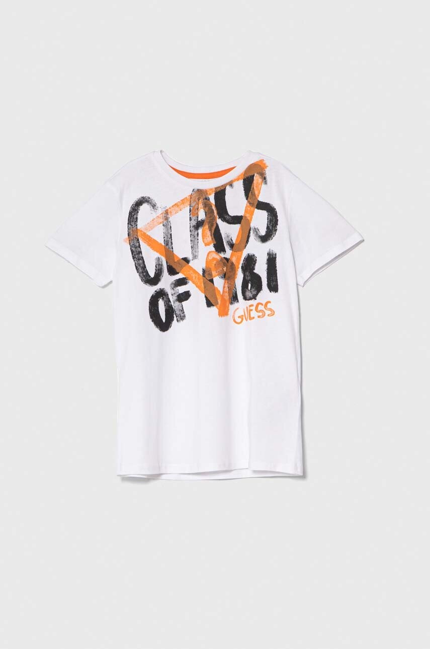 

Детска памучна тениска Guess в бяло с принт, Бял