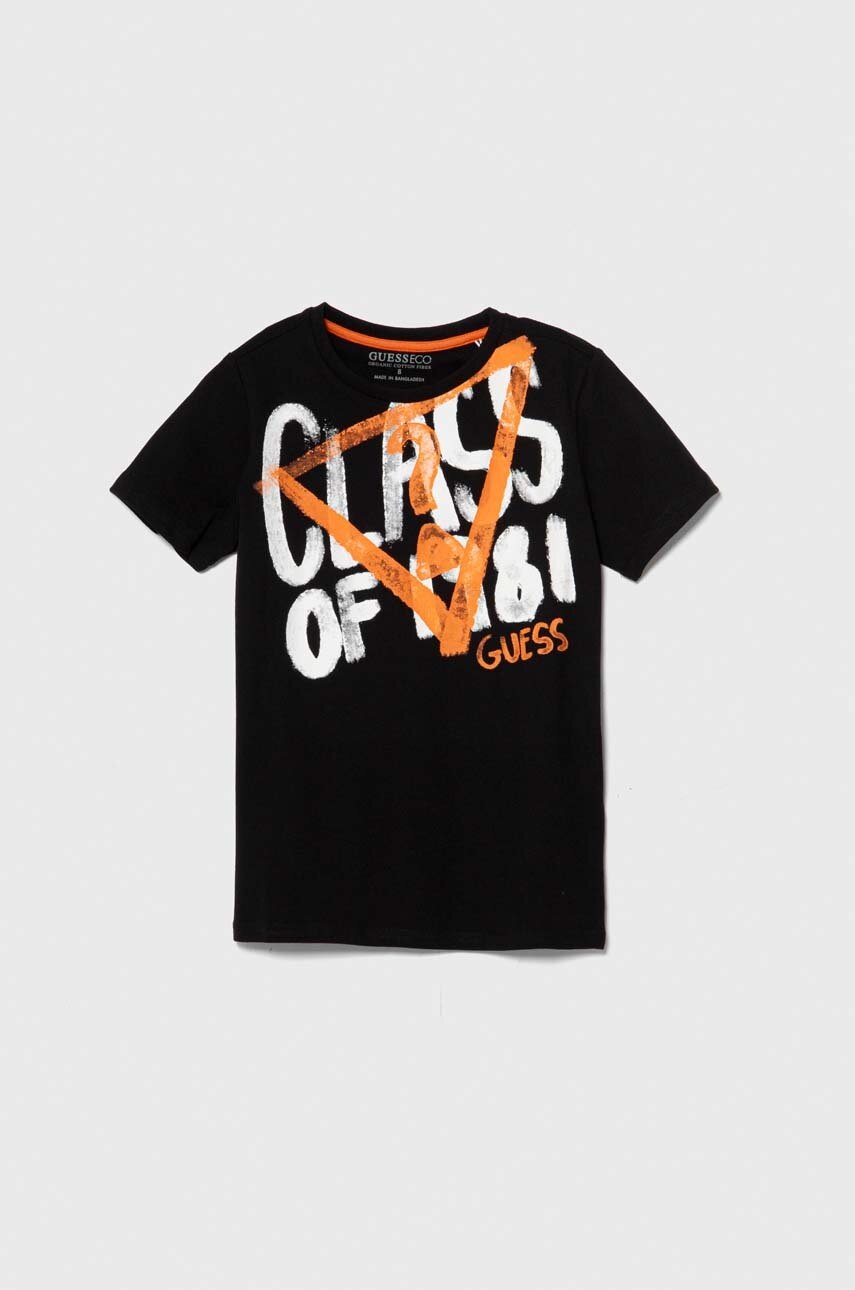 Детская хлопковая футболка Guess цвет чёрный с принтом