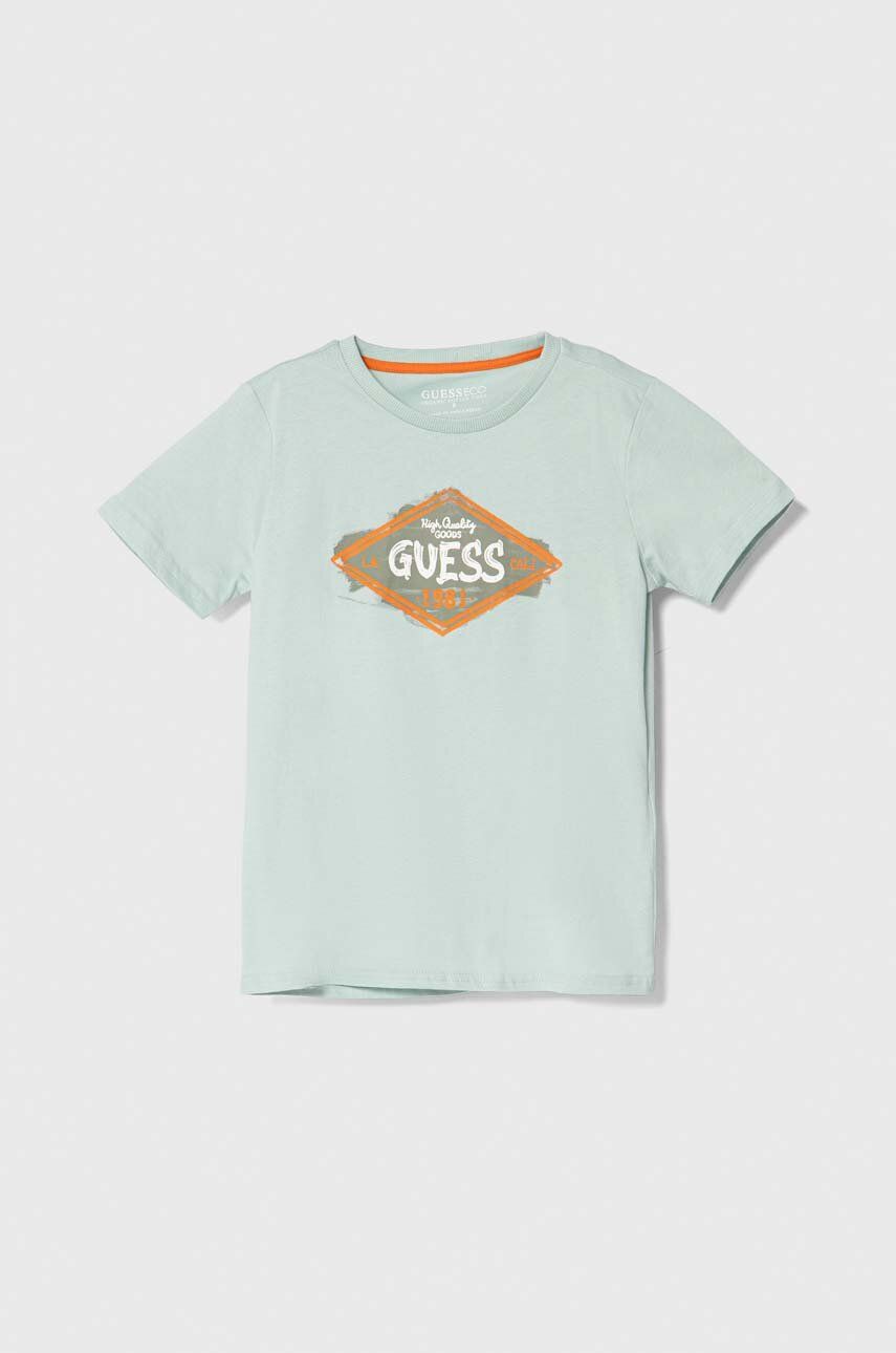 Levně Dětské bavlněné tričko Guess tyrkysová barva, s potiskem