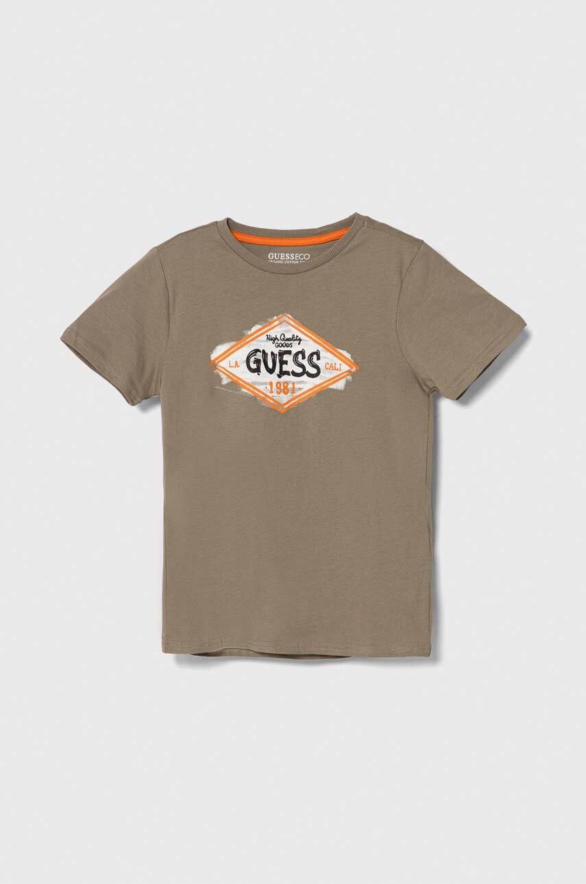 

Детска памучна тениска Guess в зелено с принт, Зелен