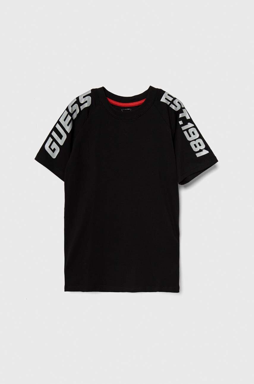 

Дитяча бавовняна футболка Guess колір чорний з принтом