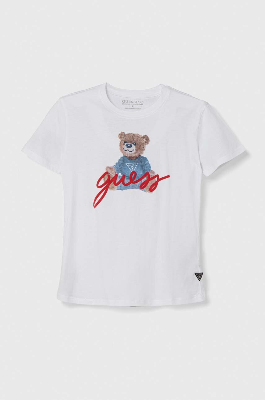 

Дитяча бавовняна футболка Guess колір білий з принтом
