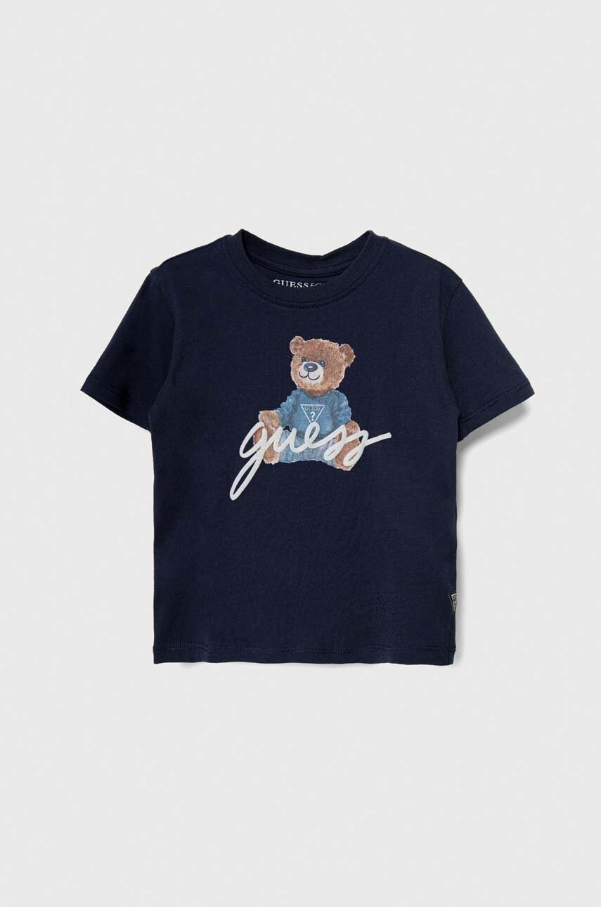

Детская хлопковая футболка Guess цвет синий с принтом