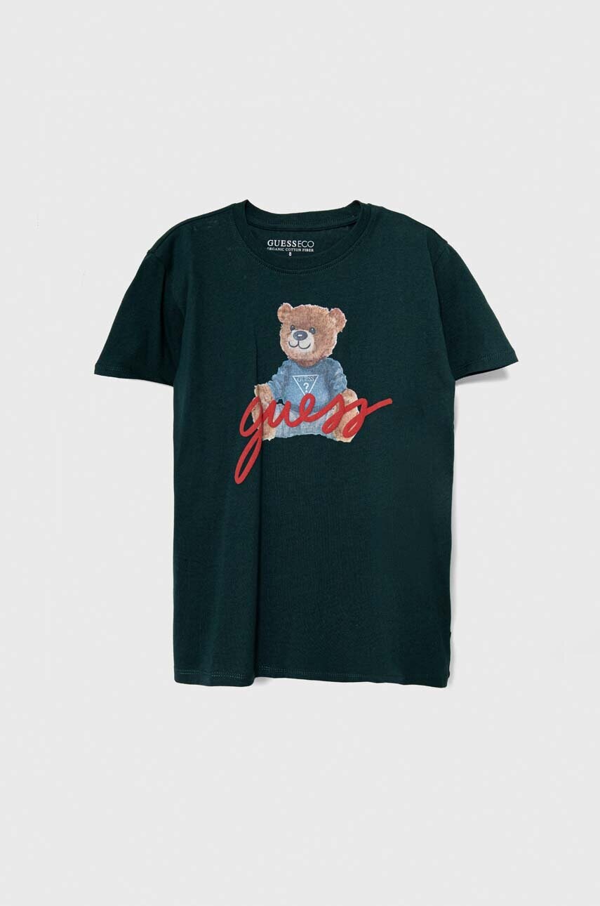 

Дитяча бавовняна футболка Guess колір зелений з принтом