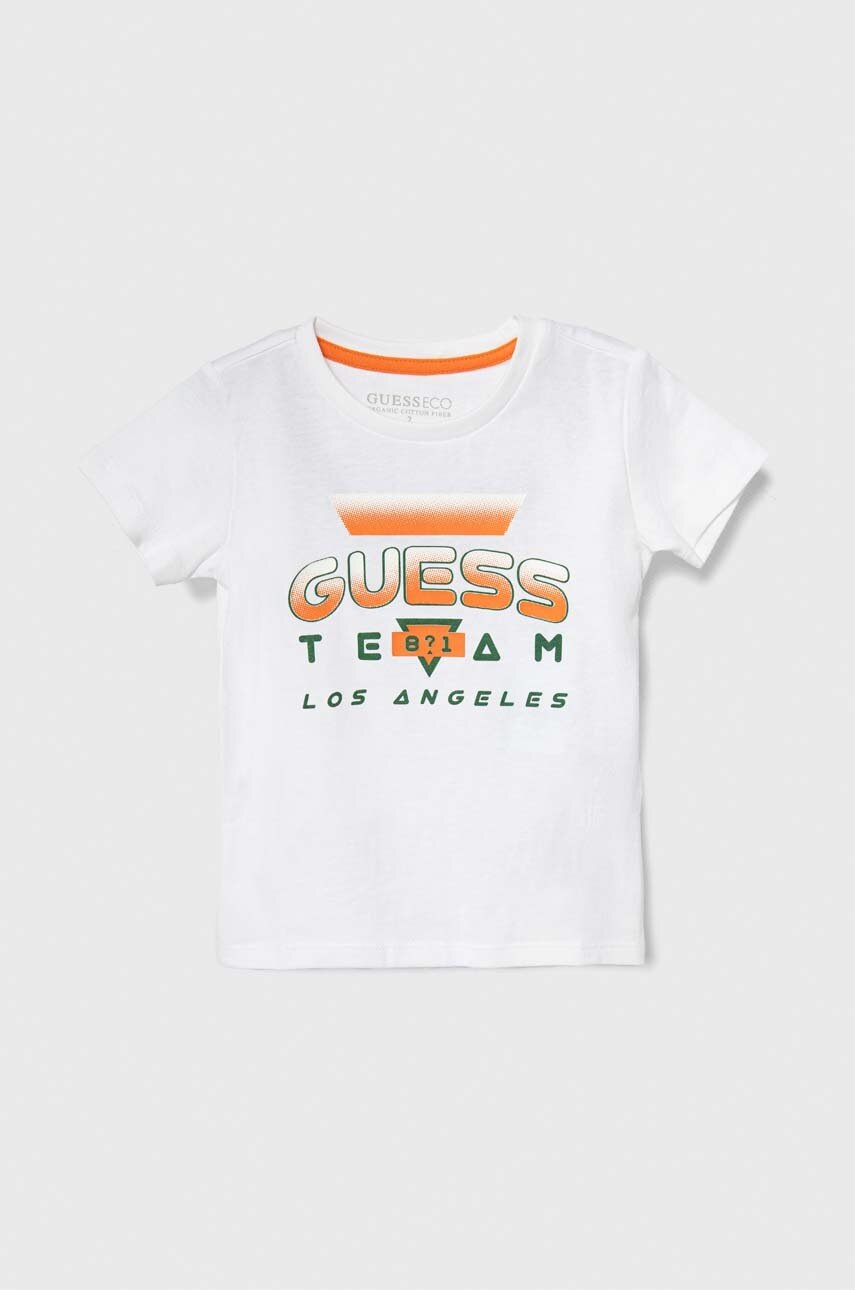 

Дитяча бавовняна футболка Guess колір білий з принтом