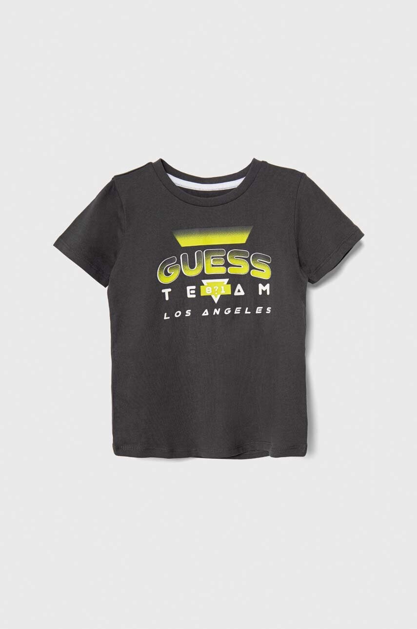 

Детская хлопковая футболка Guess цвет чёрный с принтом