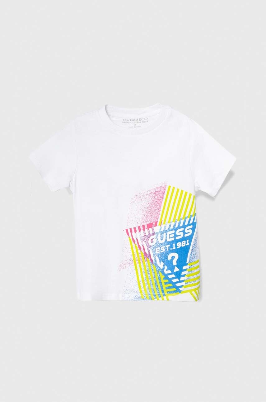

Детская хлопковая футболка Guess цвет белый с принтом