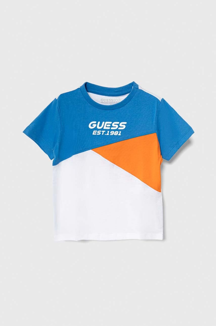 

Детска памучна тениска Guess в синьо с десен, Син