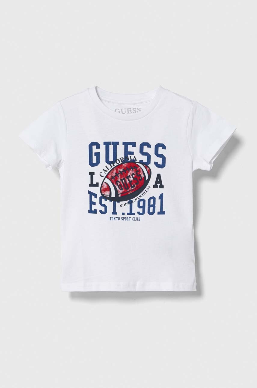 

Детска памучна тениска Guess в бяло с принт, Бял