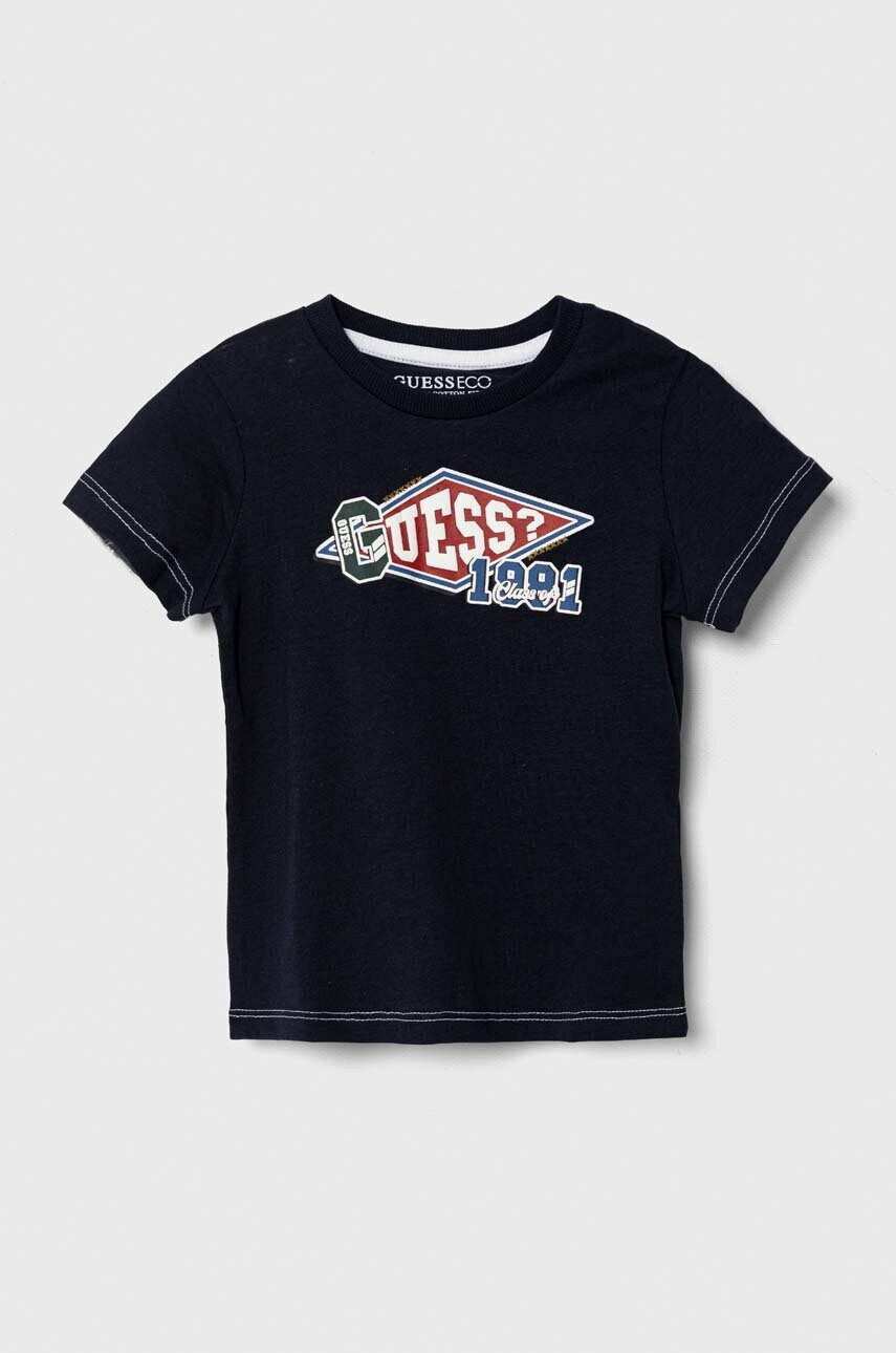 

Дитяча бавовняна футболка Guess колір синій з принтом
