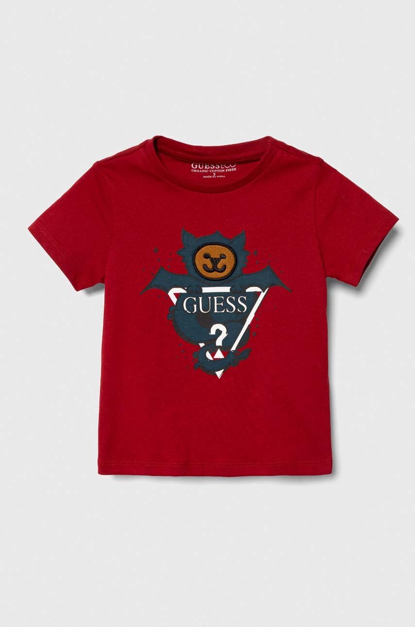 

Детска памучна тениска Guess в червено с принт, Червен