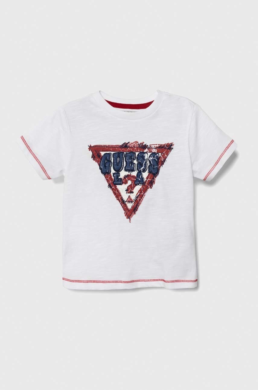 

Детска памучна тениска Guess в бяло с апликация, Бял