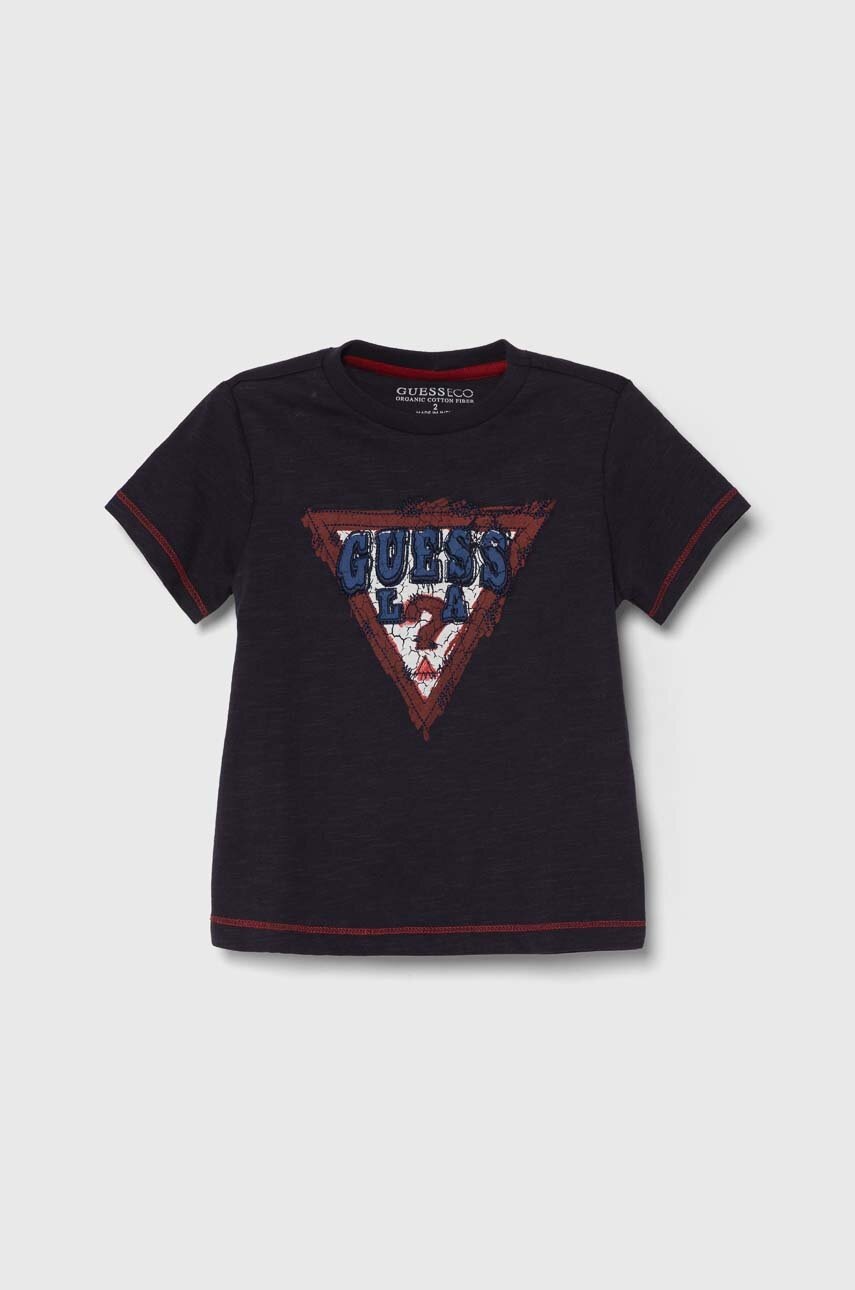 

Детска памучна тениска Guess в тъмносиньо с апликация, Тъмносин