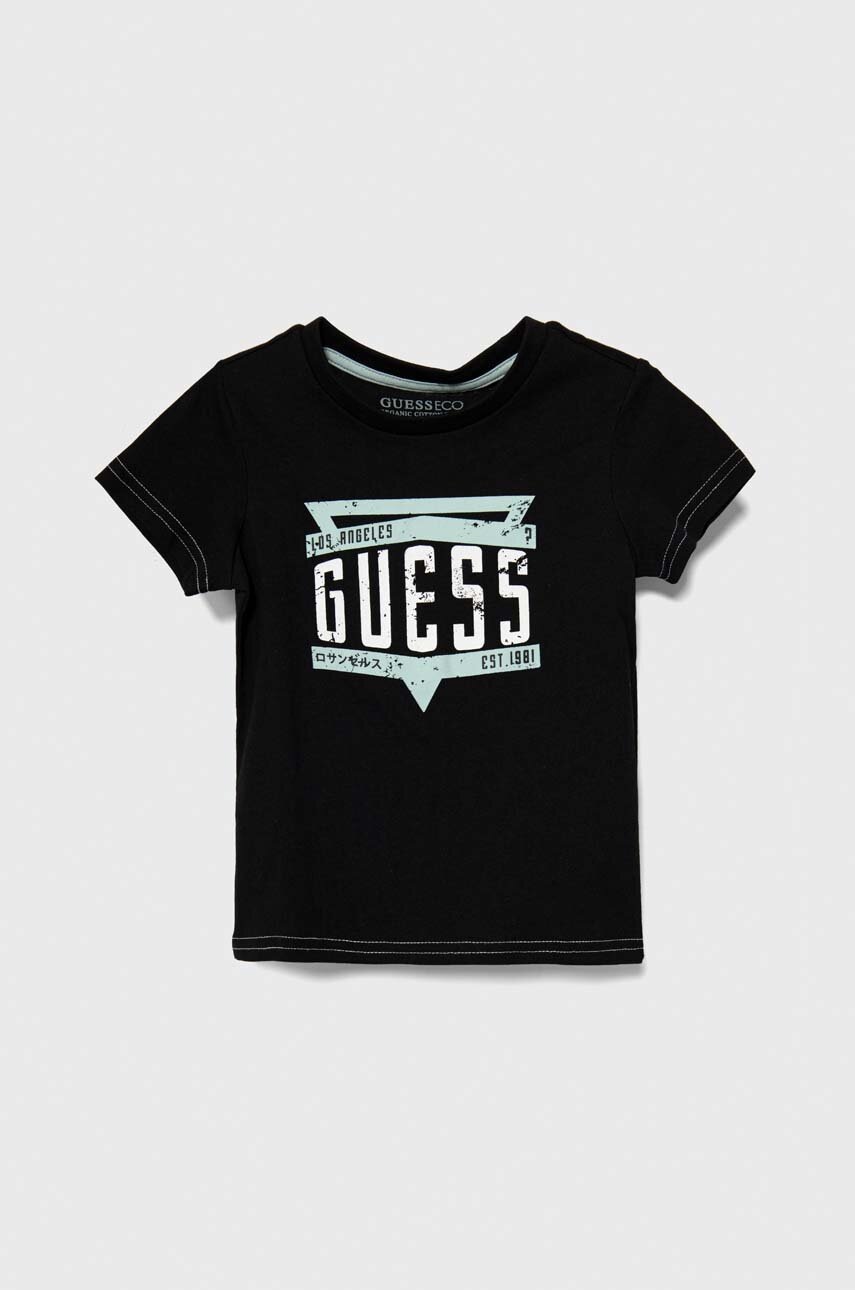 

Памучна тениска Guess в черно с принт, Черен