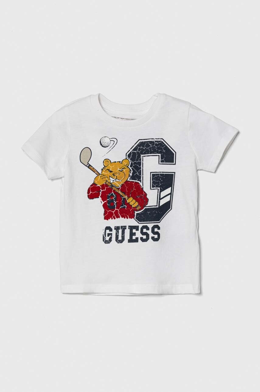 

Детская хлопковая футболка Guess цвет белый с принтом