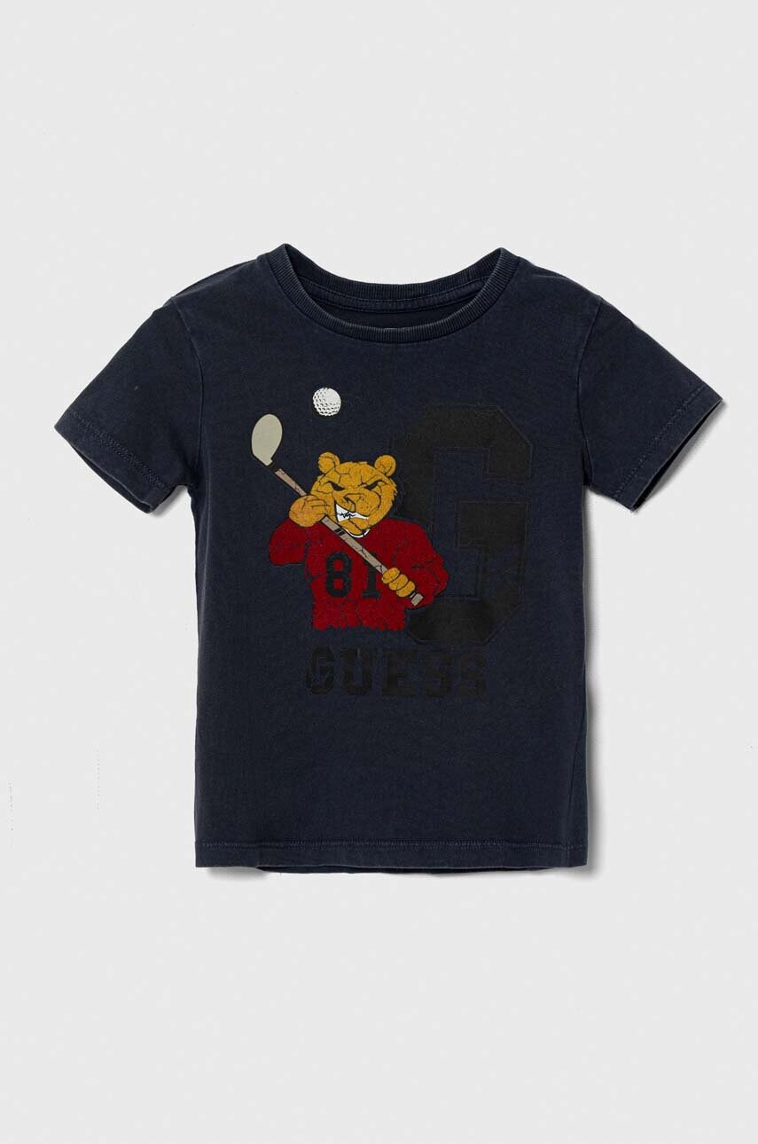 

Детская хлопковая футболка Guess цвет синий с принтом