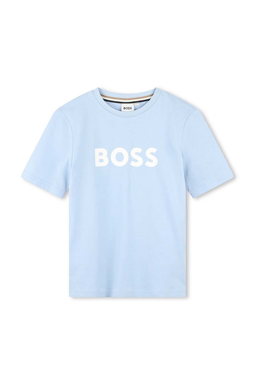 

Детска памучна тениска BOSS в синьо с принт, Син
