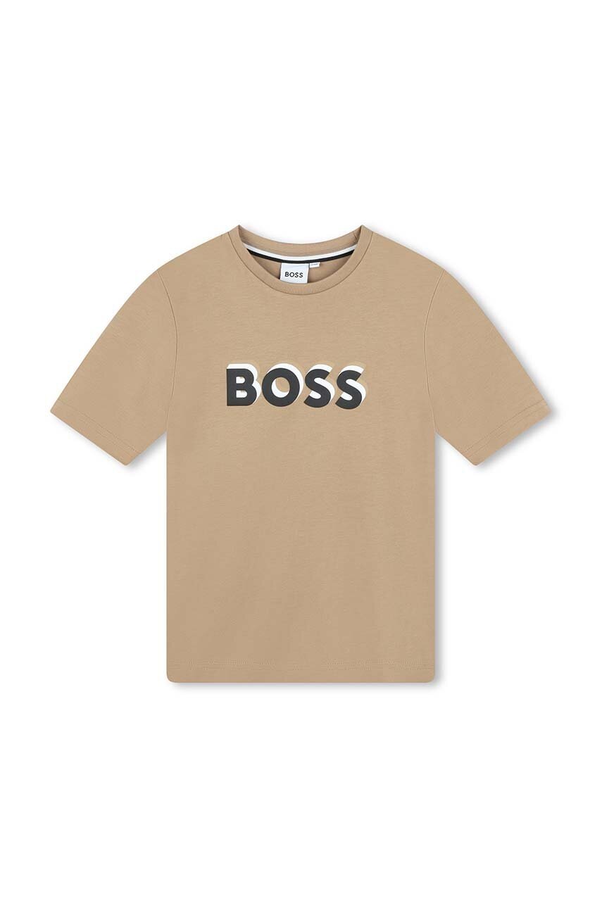 Дитяча бавовняна футболка BOSS колір бежевий з принтом