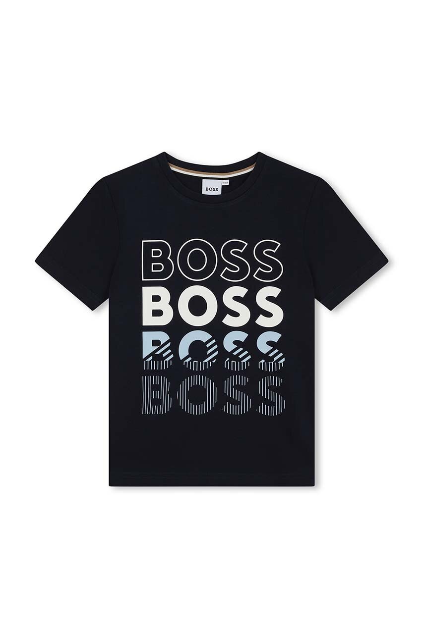 

Детска памучна тениска BOSS в тъмносиньо с принт, Тъмносин
