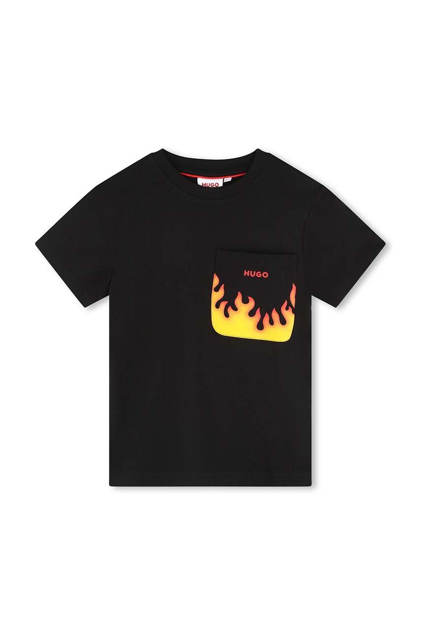 Levně Dětské bavlněné tričko HUGO černá barva, s potiskem