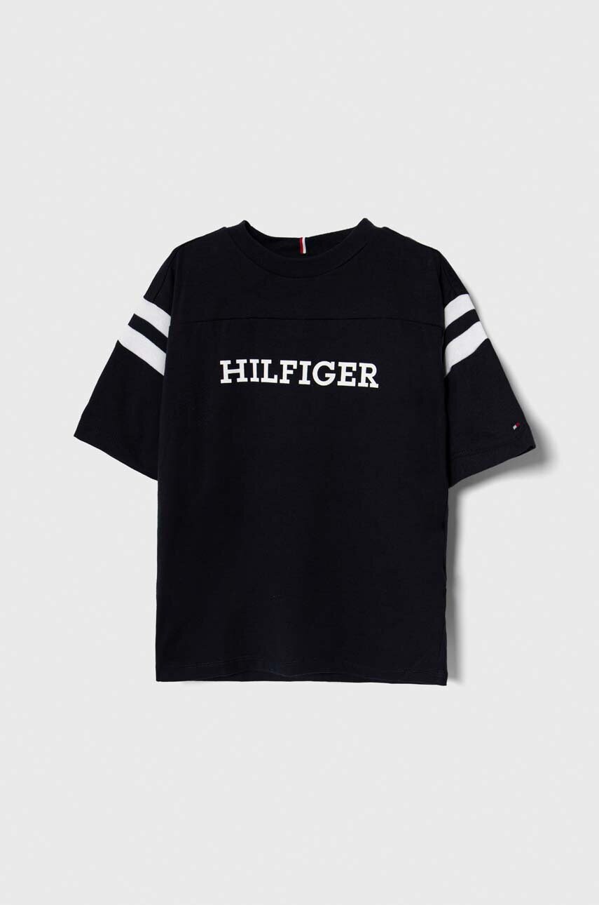

Дитяча бавовняна футболка Tommy Hilfiger колір синій з принтом