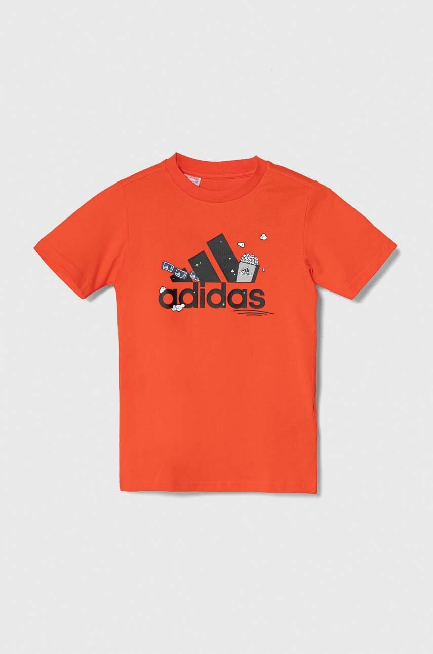 adidas tricou de bumbac pentru copii culoarea portocaliu, cu imprimeu adidas tricou de bumbac pentru copii culoarea portocaliu, cu imprimeu