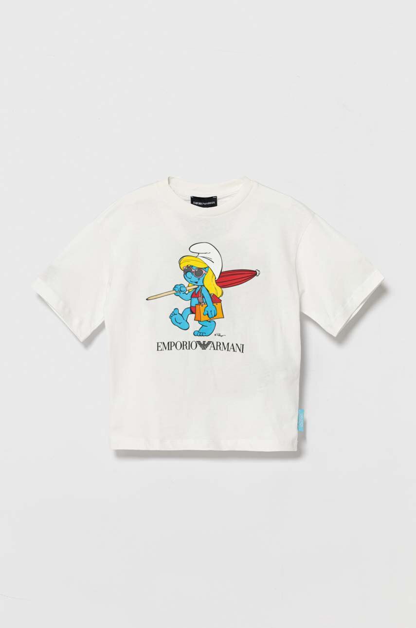 Emporio Armani tricou de bumbac pentru copii The Smurfs culoarea alb, cu imprimeu