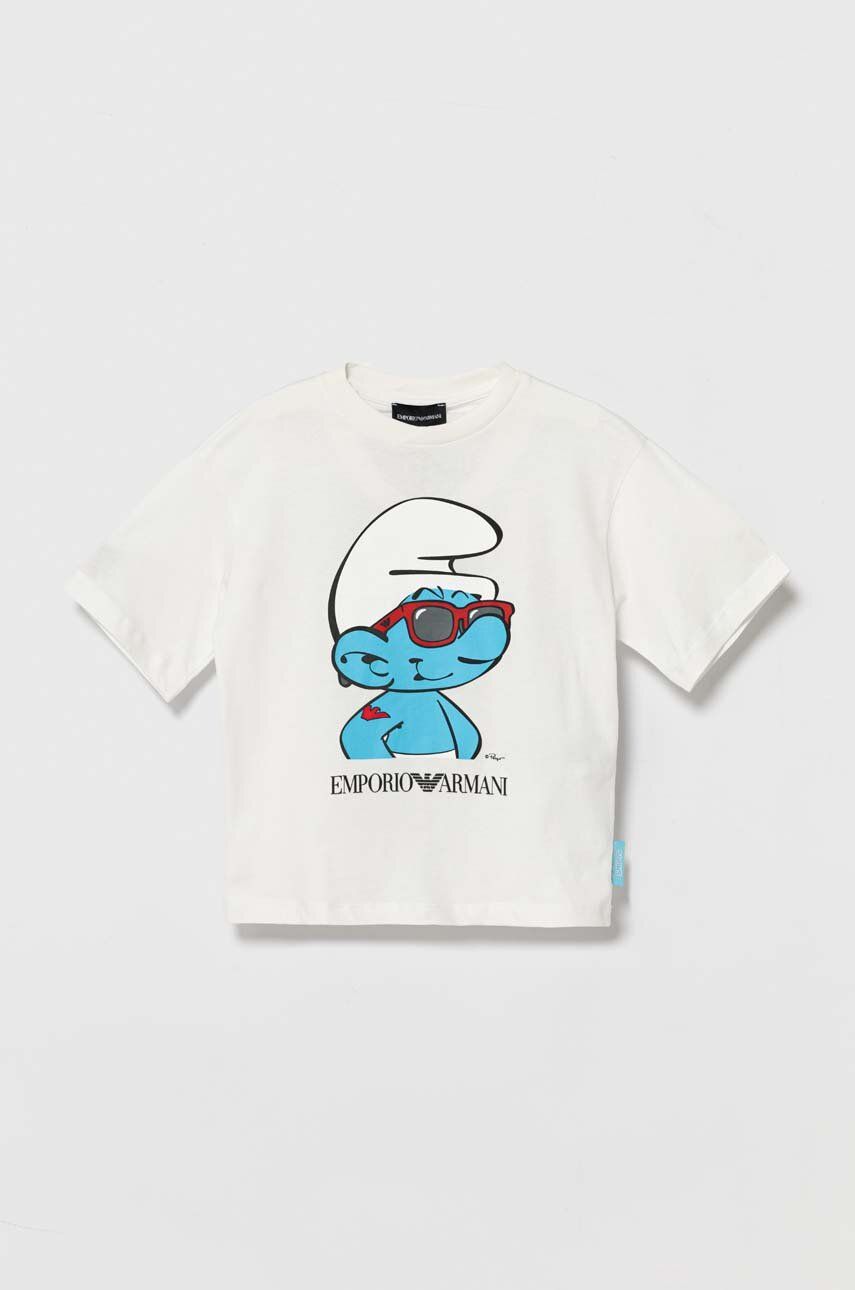 Emporio Armani tricou de bumbac pentru copii The Smurfs culoarea alb, cu imprimeu