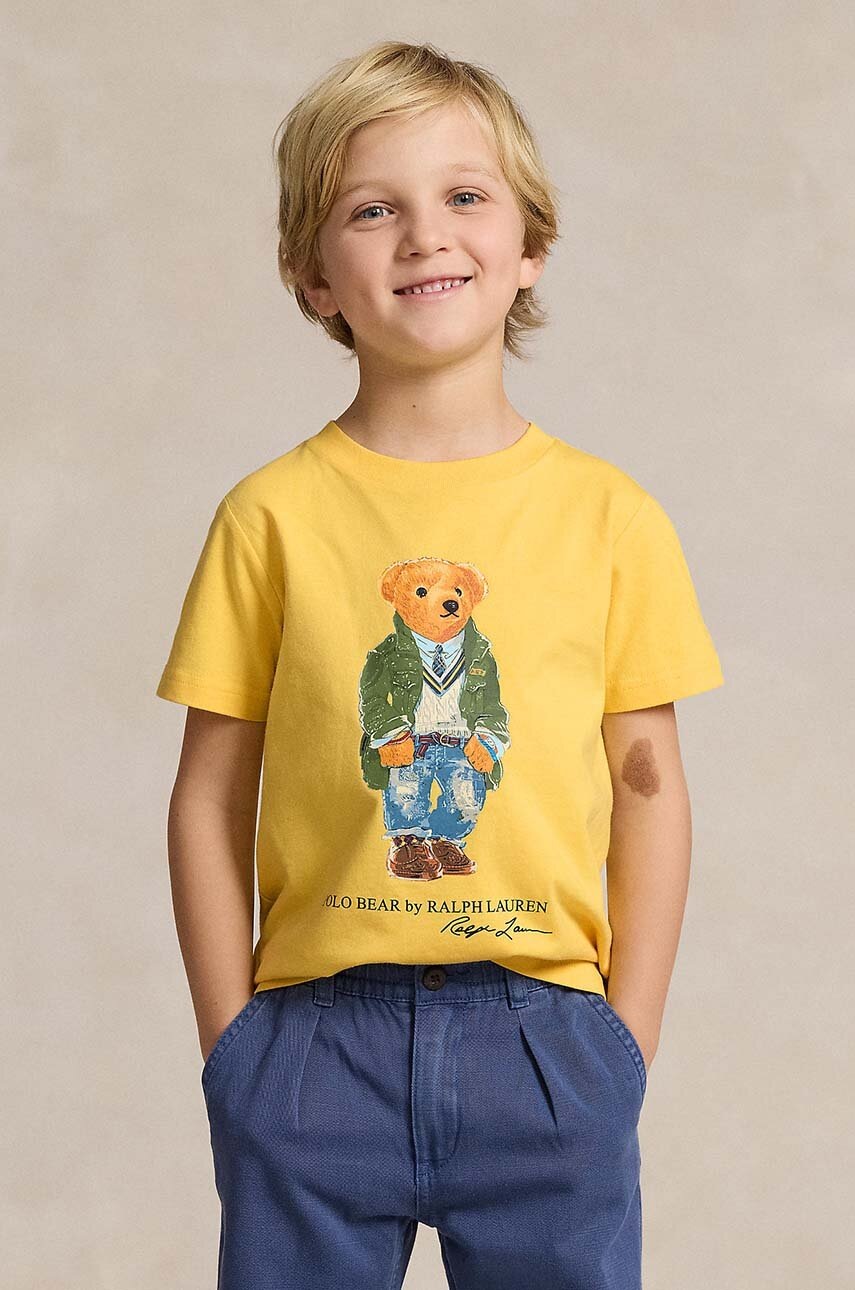 

Детска памучна тениска Polo Ralph Lauren в жълто с принт, Жълт