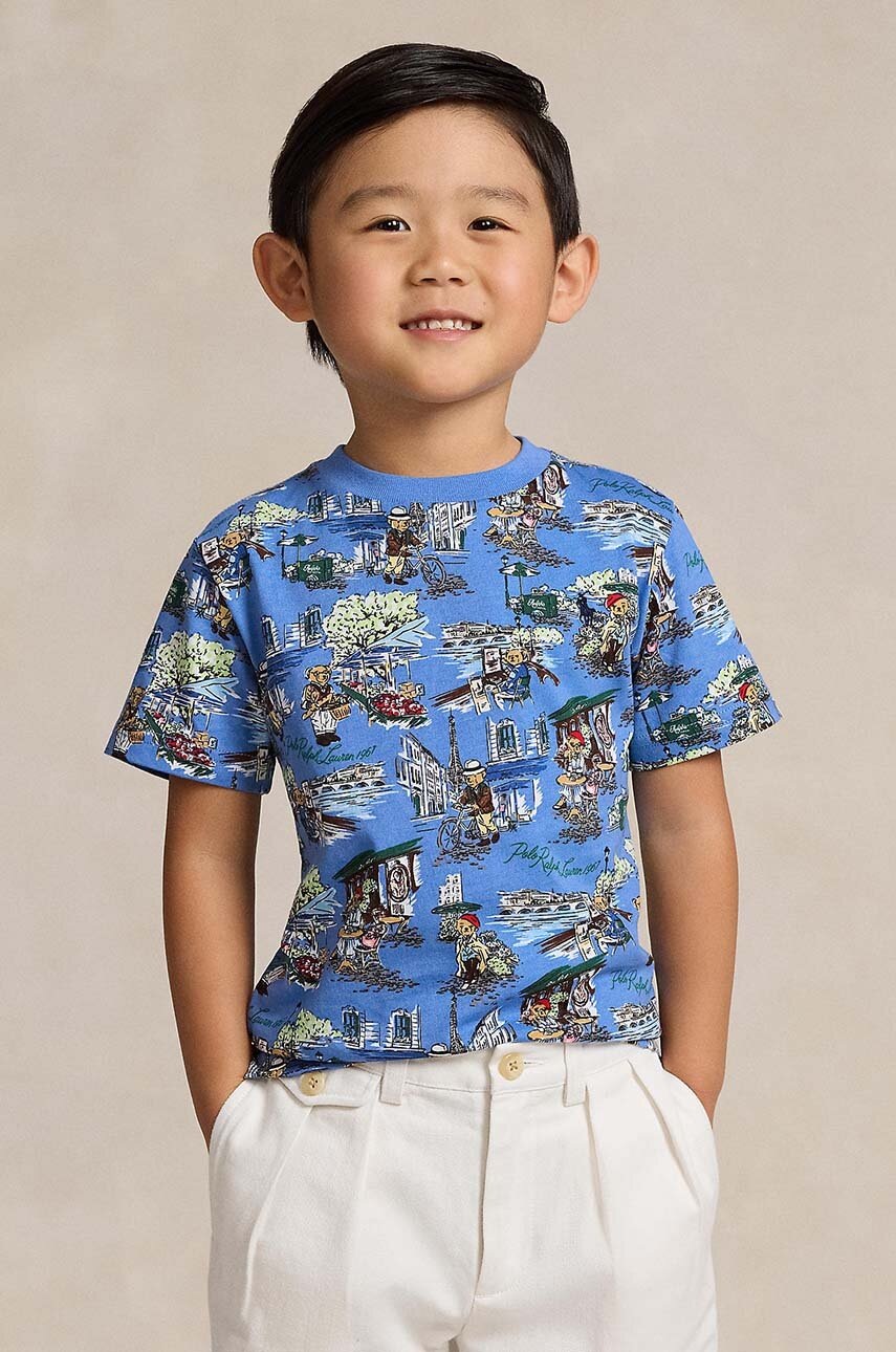 

Детска памучна тениска Polo Ralph Lauren в синьо с принт, Син