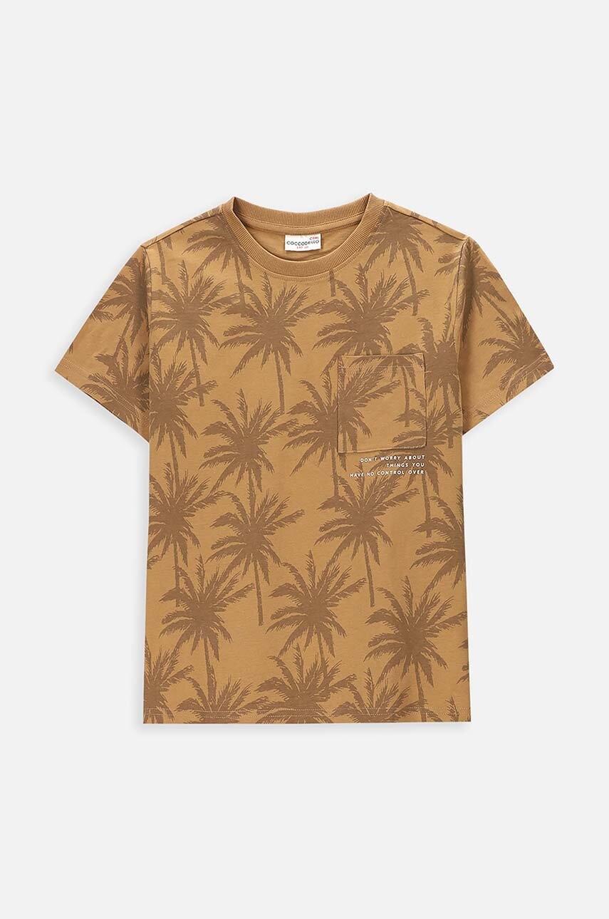 

Детска памучна тениска Coccodrillo в кафяво с десен, Кафяв