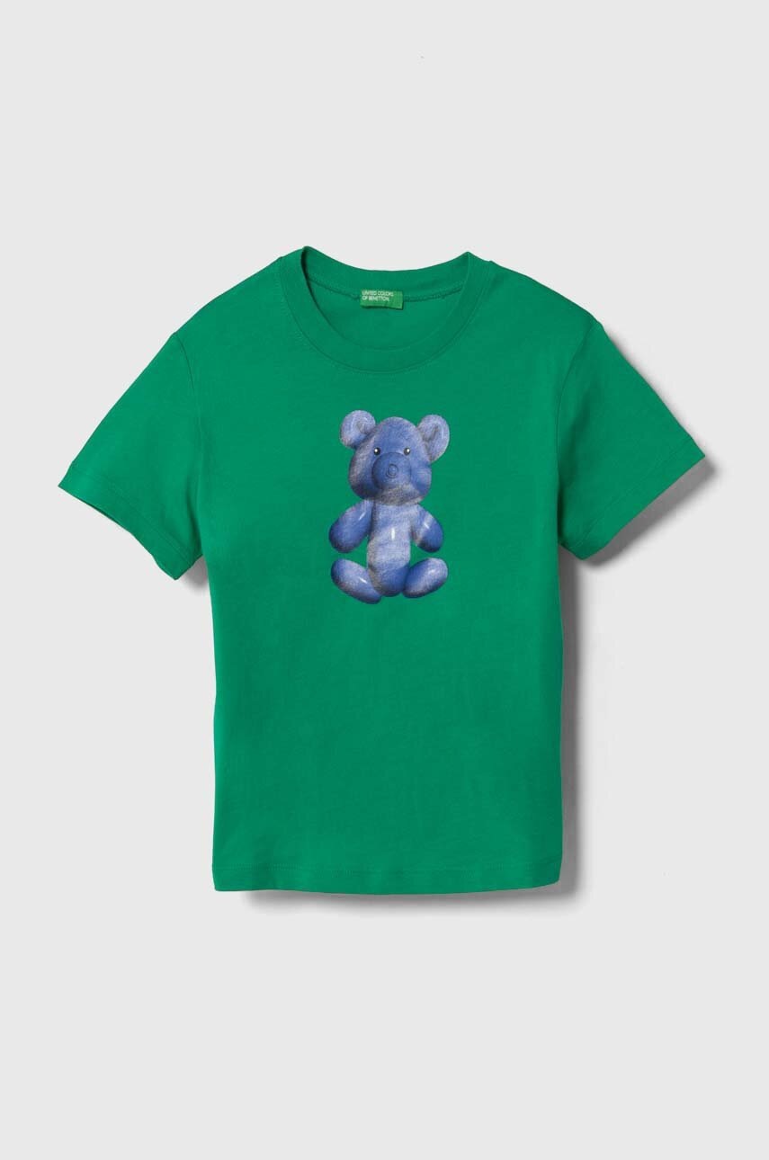 

Детска памучна тениска United Colors of Benetton в зелено с принт, Зелен