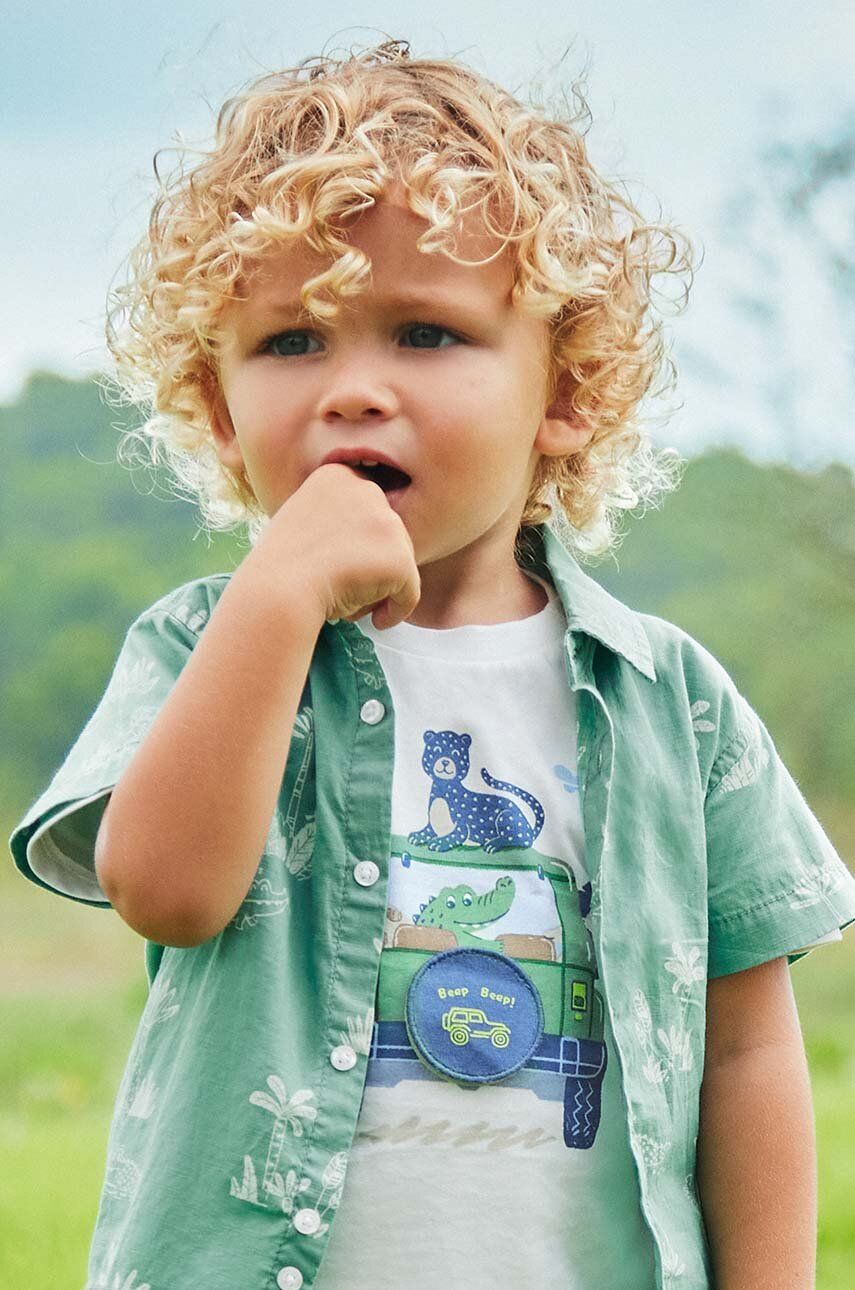 Bavlněné dětské tričko Mayoral béžová barva, s potiskem
